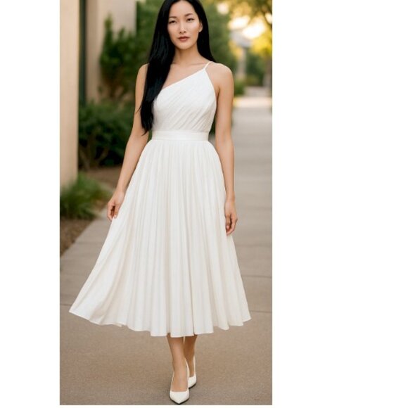 Lulus Alluring Marvel Ivory Pleated Ivory Satin One-Shoulder Midi Dress XS NWT - Picture 8 of 13